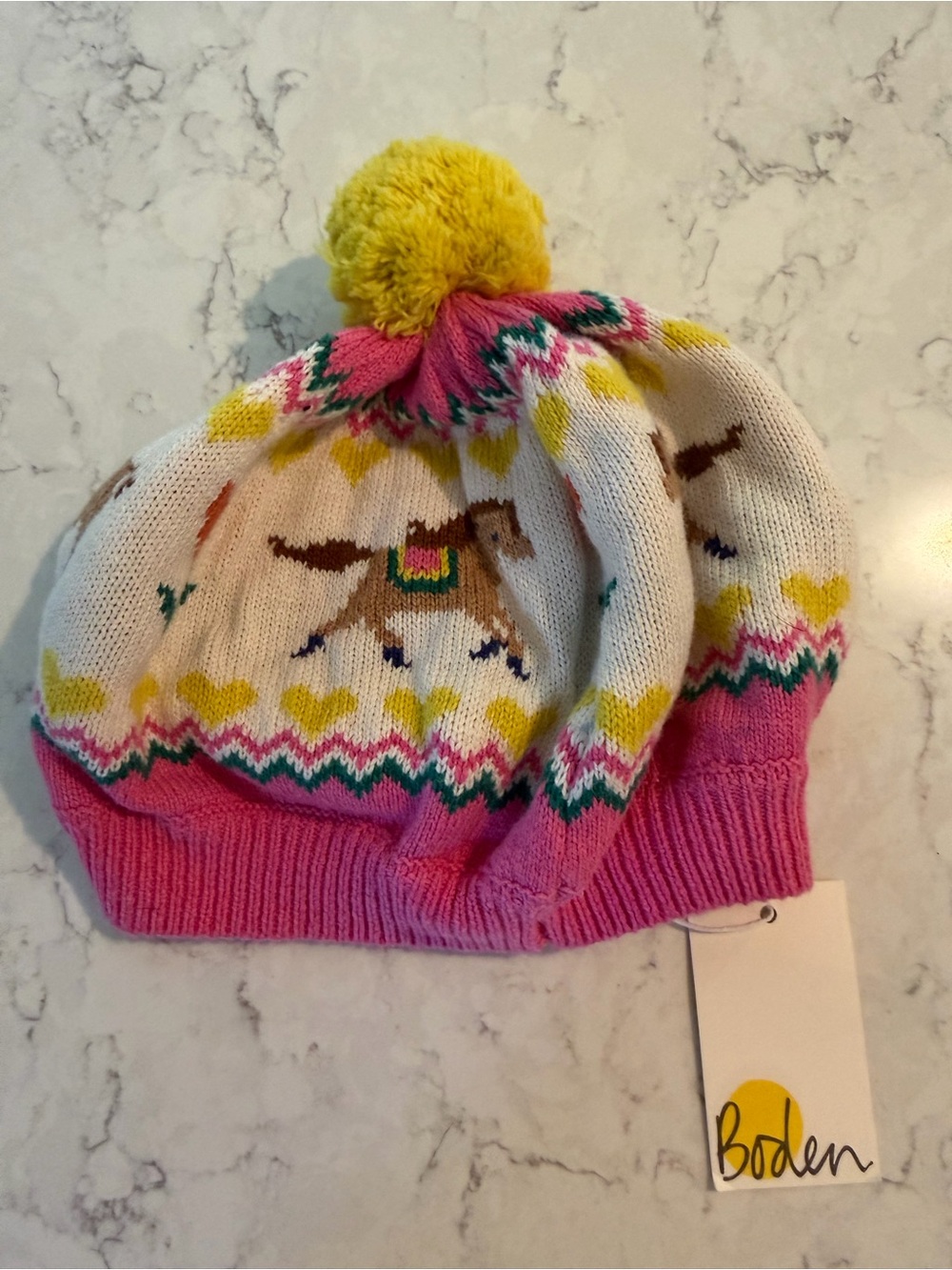 Boden White, Pink & Yellow horse Knit Pom Hat